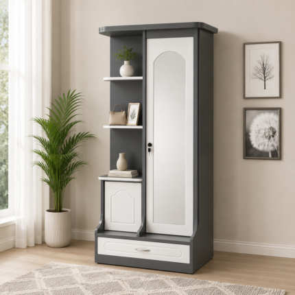 Modern Dressing Table with Mirror, Storage Cabinet & Shelves (White & Sky Blue Finish) (Copy)