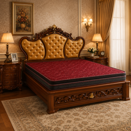 Royal Heritage Carved Wooden King Size Bed with Premium Upholstered Headboard