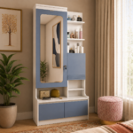 Modern Dressing Table with Mirror, Storage Cabinet & Shelves (White & Sky Blue Finish)