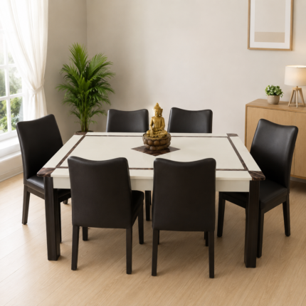 Modern 6 Seater Marble Finish Dining Table Set with Cushioned Chairs
