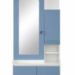 Modern Dressing Table with Mirror, Storage Cabinet & Shelves (White & Sky Blue Finish)