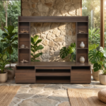 Modern Walnut Wood TV Entertainment Center with Integrated Side Shelving