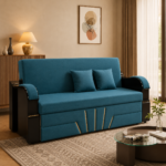 SkyBlue Modern Convertible Sofa Cum Bed with Black Wooden Armrests