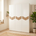 3-Door Modern Scandinavian Style Wardrobe - White with Chevron Wood Panel Accents