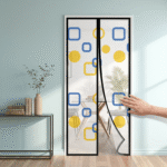 Magnetic Thermal Insulated AC Door Screen Curtain – Printed PVC Air-Lock Privacy Curtain for Doorways (Yellow & Blue Geometric)