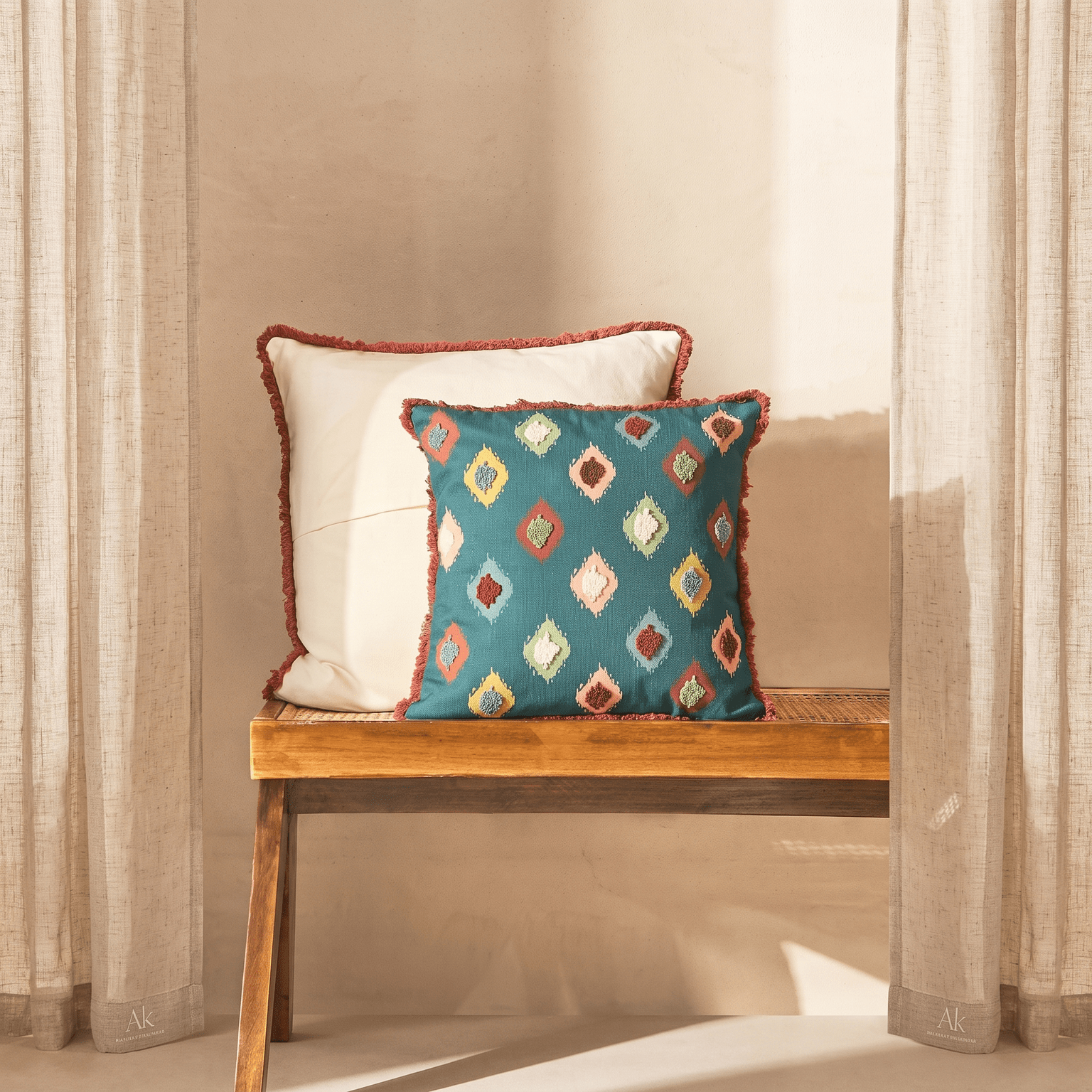 watermark-removed-Gemini_Generated_Image_4k3ikq4k3ikq4k3i-transformed Hand-Tufted Boho Cotton Cushion Cover Set – Embroidered Geometric Diamond Pattern with Fringe Border (Set of 2) - Image 1