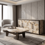 AURORA Organic Marble Top Sofa Centre Table — Modern Free-Form Coffee Table with Bronze Metal Legs for Living Room
