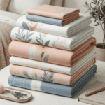 Pure Cotton Double King Bedsheet Set with 2 Pillow Covers – Botanical Pastel Print (Pastel Peach & Slate Blue)
