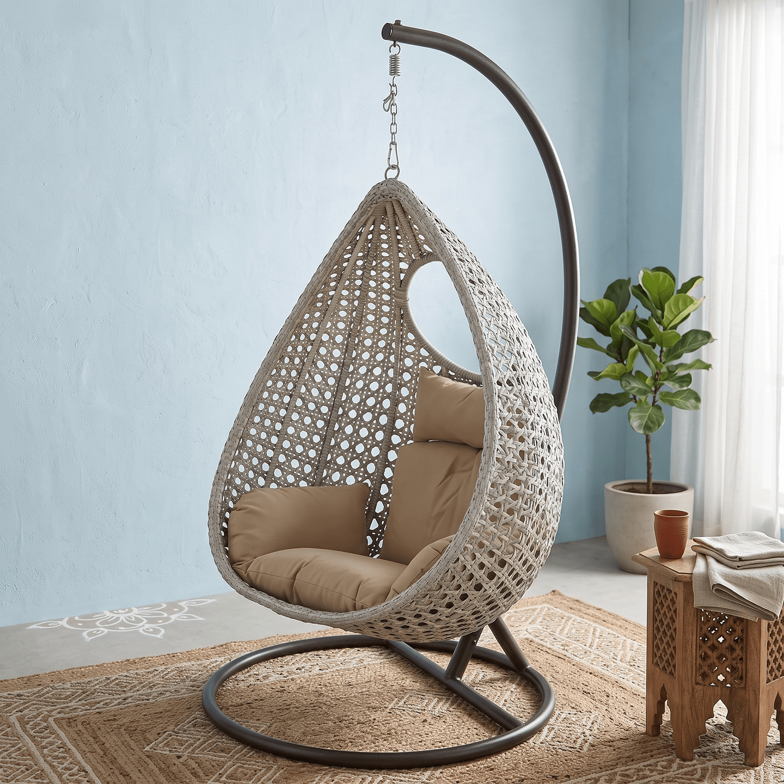 watermark-removed-Gemini_Generated_Image_ml374ml374ml374m-transformed Single Seater Hanging Egg Swing Chair with Heavy Duty Stand & Plush Cushion for Balcony, Living Room & Garden - Image 1