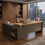 EXECUTIVE IMPERIAL Luxury L-Shaped Boss Desk — Ultra-Spacious Director Table with Integrated Side Credenza & Cable Management (Dual-Tone Walnut & Charcoal Grey)
