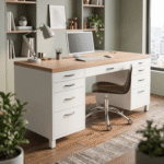 PRO-WORKSTATION Dual-Pedestal Executive Computer Desk — Modern Wooden Study Table with 7 Drawers & Cable Management (White & Natural Oak Top)