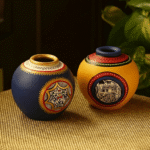 Handpainted Terracotta Decorative Mini Pots (Set of 2) – Dual-Tone Royal Blue & Sun Yellow Matki Pots with Warli & Madhubani Art Motifs