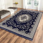 Royal Navy Blue Chenille Velvet Carpet – Traditional Floral Medallion Carpet with Fringe Borders (Navy & Silver-White)