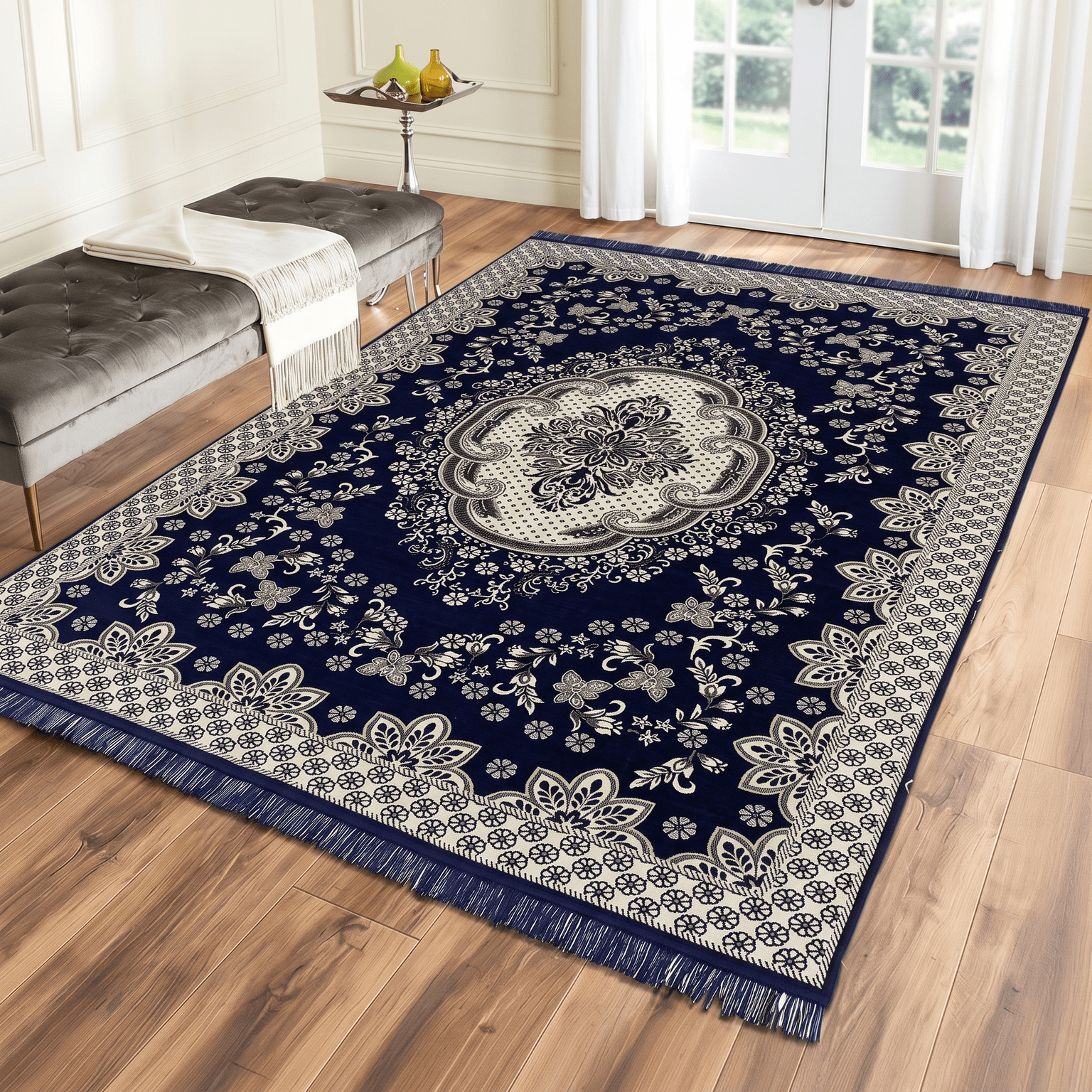 watermark-removed-Royal_Navy_Blue_Chenille_Velvet_Carpet____-transformed Royal Navy Blue Chenille Velvet Carpet – Traditional Floral Medallion Carpet with Fringe Borders (Navy & Silver-White) - Image 1