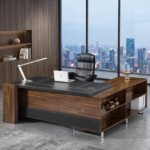 IMPERIAL ROYAL CEO L-Shaped Executive Desk — Luxury Director Table with Leather Writing Pad & Extended Open Side Credenza (Rich Dark Walnut & Leatherette Top)